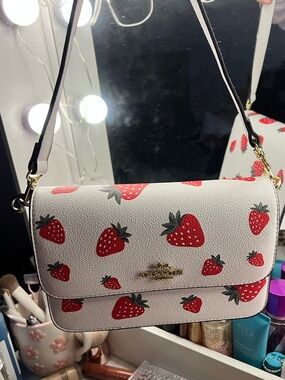 Coach White Leather Crossbody Bag with Red Strawberry Print